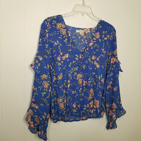 Women's Floral Boho Faux Wrap Top Size Medium Blue - Picture 2 of 8